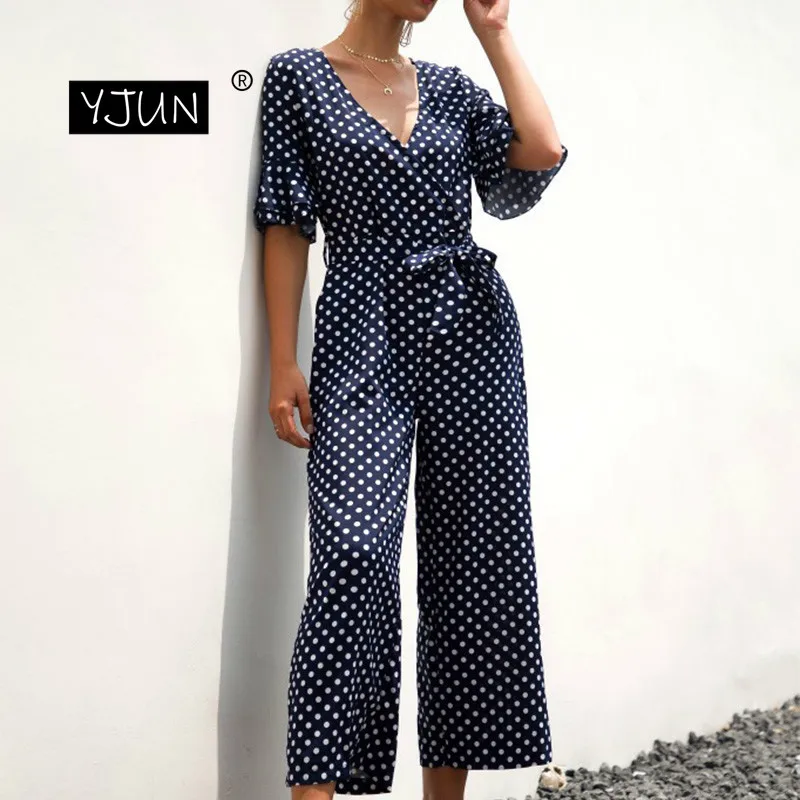 Summer Jumpsuit Polka Dot Casual Long Pants Ruffle Short Sleeve Vintage Boho Fashion Beach Overalls Women Rompers | Женская одежда