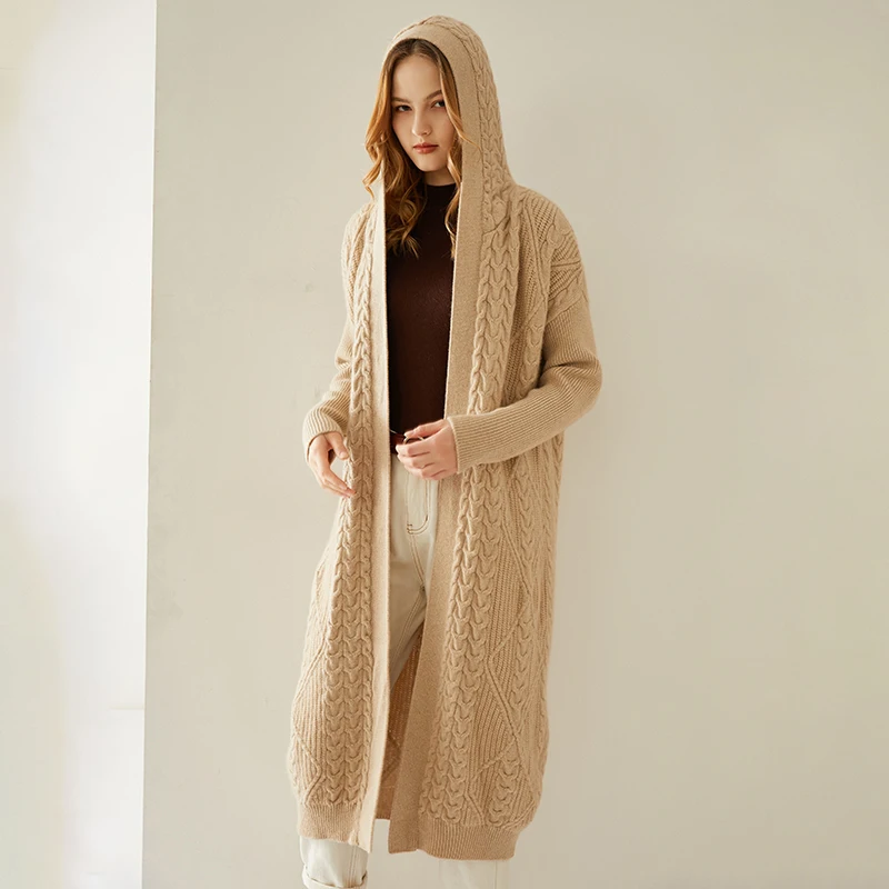 Осень-зима 2021, новинка, женское утепленное пальто с капюшоном, широкая модель, кашемировое пальто 100% для тяжелой промышленности