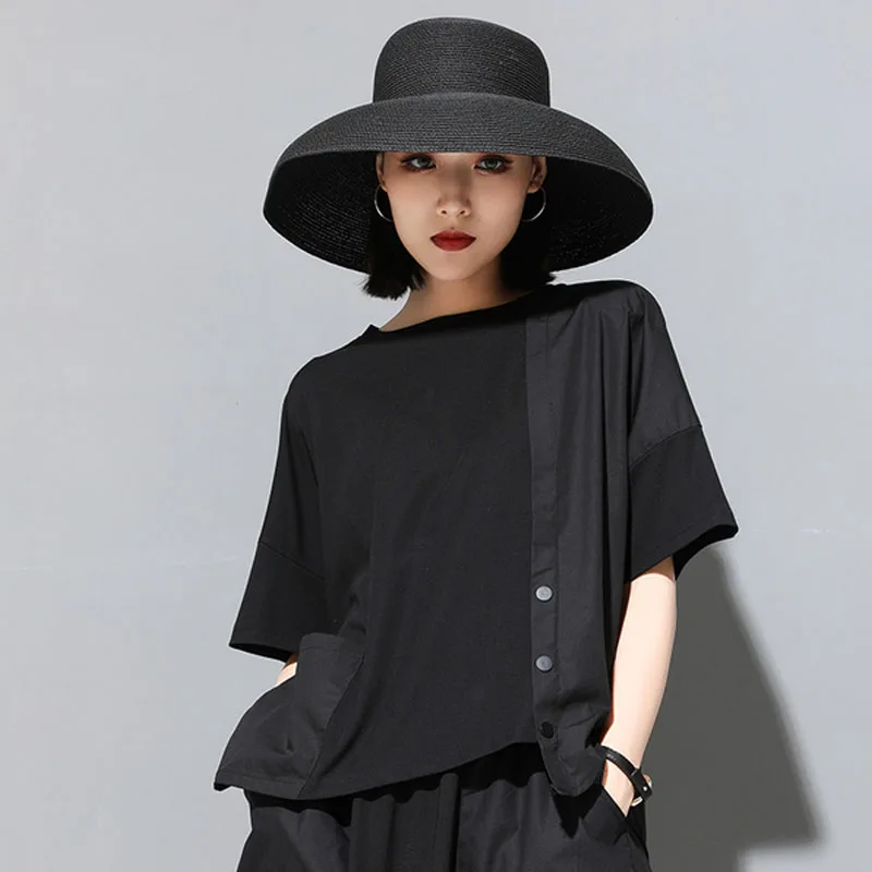 Женская свободная футболка MLJZ9986 черная с круглым вырезом и рукавом до локтя на