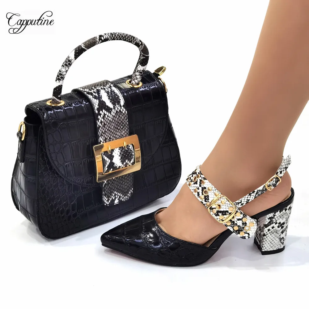 

New Black Woman Shoes And Handbag Set Fashion Office Ladies High Heels Pumps Sandals Match With Bag Buty Damskie CR131 7.5CM