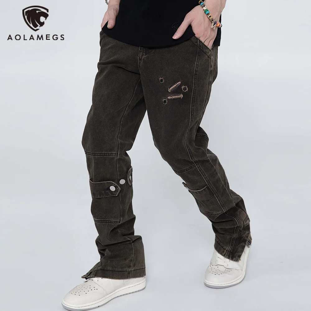 

Мужские джинсы с потертостями Aolamegs, облегающие джинсы на молнии в стиле хип-хоп, Осенние универсальные винтажные брюки в стиле панк, уличная...