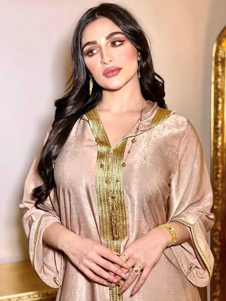 

Dubai Arabic Muslim Abaya Dress for Women Fall 2020 Champagne Moroccan Kaftan Hooded Robe Turkish Islamic Jalabiya
