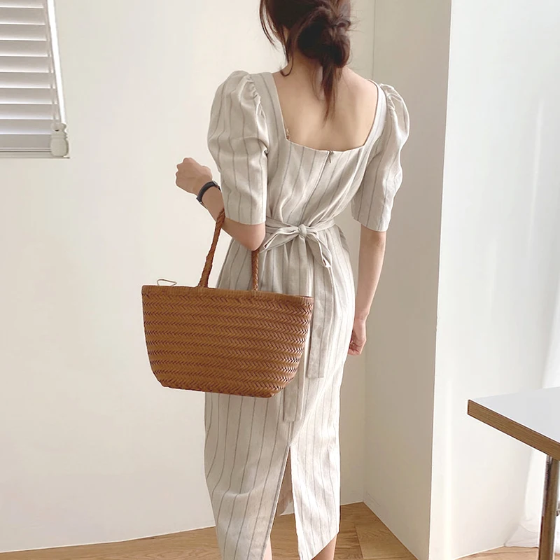 

Kimotimo Elegant Striped Dress Women Korean Chic Temperament Bow Belt Waist Puff Sleeve Split Office Lady Long Dresses Vestidos