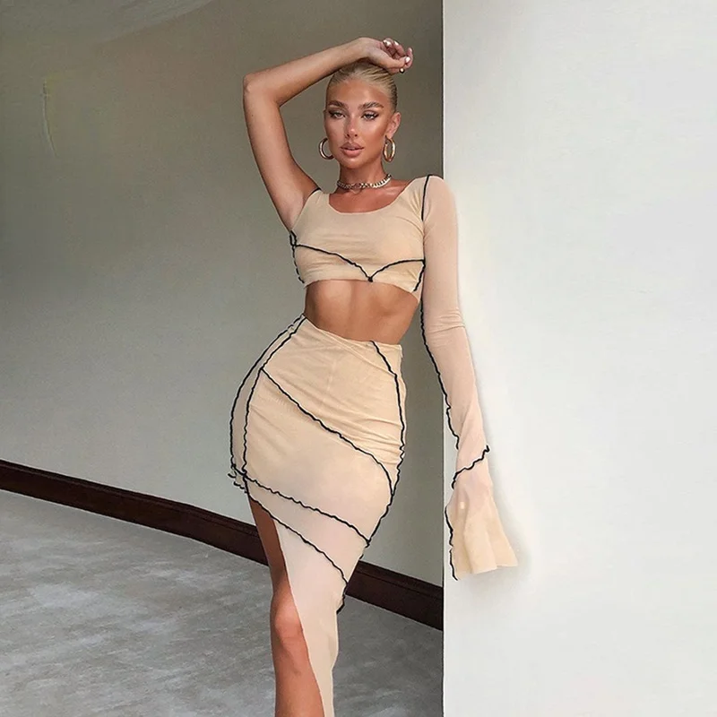 

Sexy Sheer Mesh Top and Midi Skirts Women Fashion Outfit Autumn 2020 Long Sleeve Two Piece Club Party Matching Set