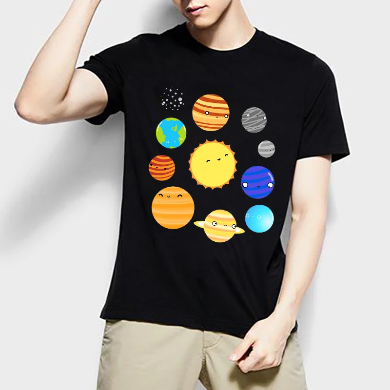 

Solar System Print Men Clothing Harajuku Funny Summer Simple Vintage Short Sleeve Plus Size S-5XL Punk Rock Black Top Tee
