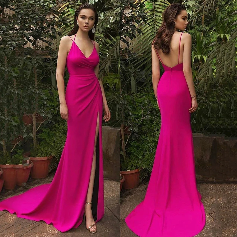 

UZN Chic Mermaid Fuchsia Long Prom Dress 2022 Sexy Spaghetti Straps Backless Evening Dress Plus Size V-neck Party Dress