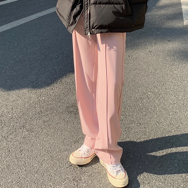 

Spring Women Straight Loose High Waist Long Solid Pink Casual Pants Office Lady Simple Style Youthful Vigour Unique Fashion Ins