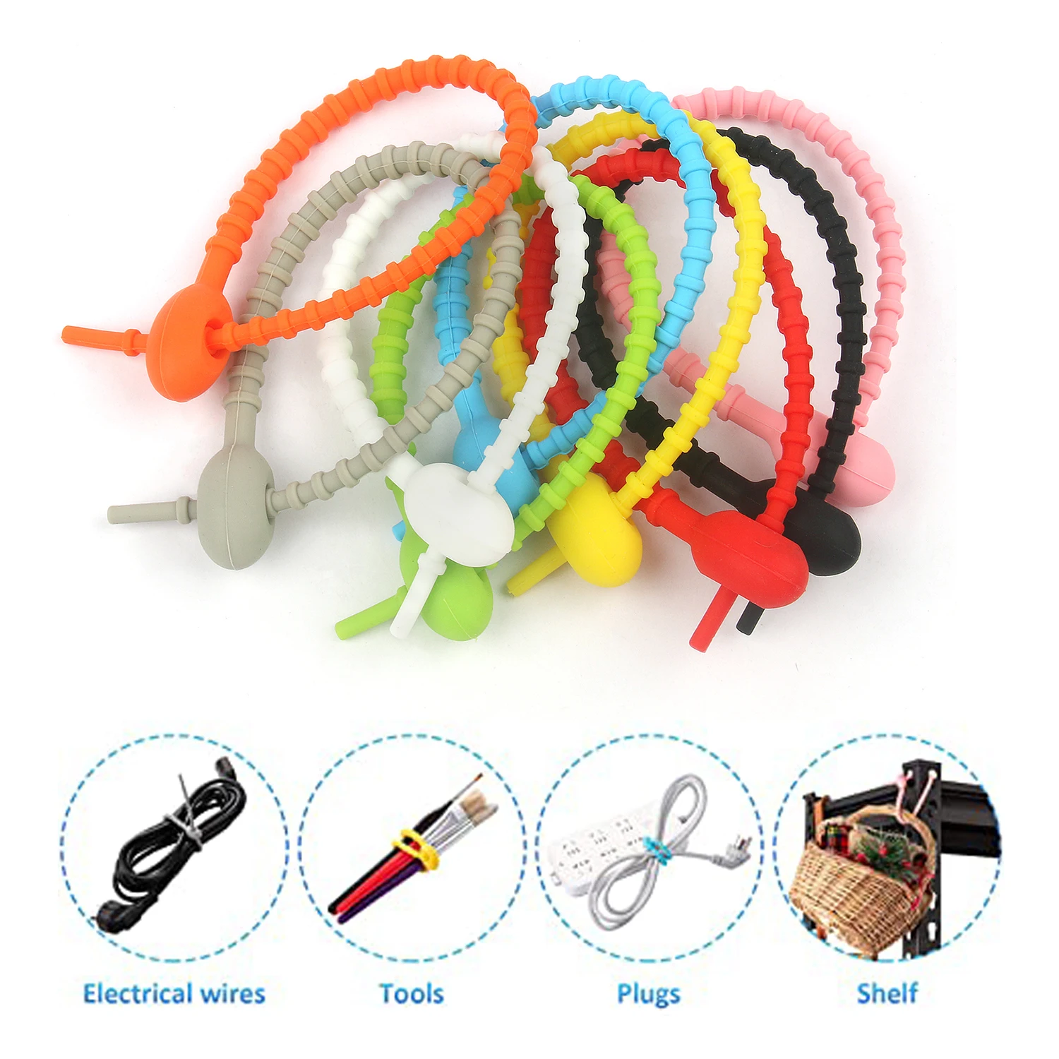 

10Pcs Silicone Self-Locking Wire Cable Zip Ties Multi-functional Reusable Cable Ties Organiser Fasten Cable Food Bag Bundle Tool