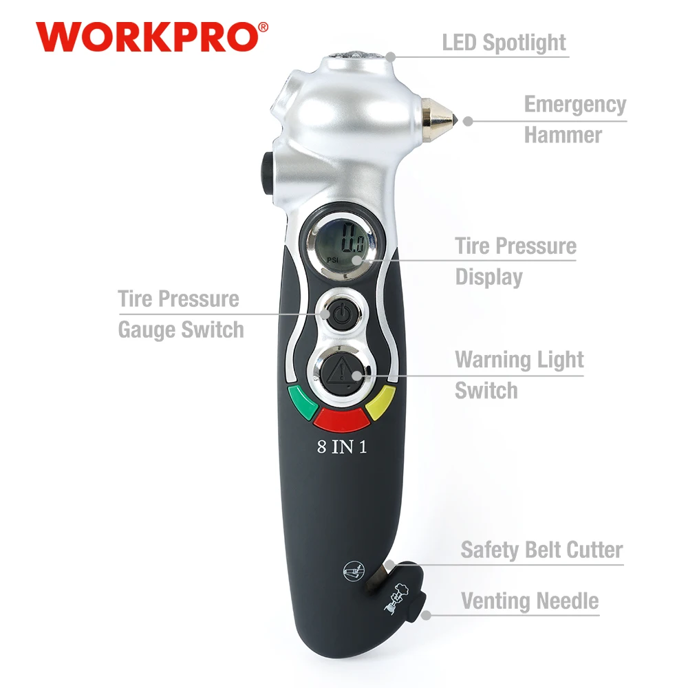 Цифровой манометр для шин WORKPRO 8 в 1 измеритель давления шинах фонарик ремня