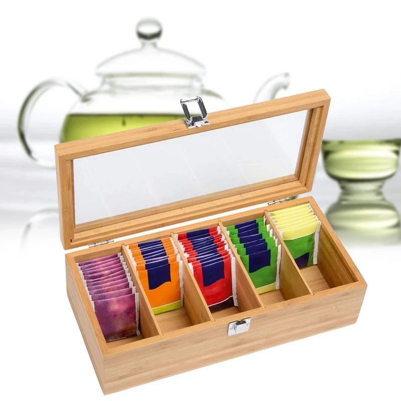 Bamboo System Tea Bag Jewelry Organizer Storage Box 5 Compartments Wood Sugar Packet Container | Дом и сад