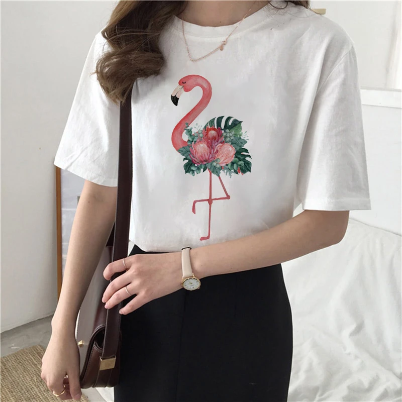 

Women Tshirt harajuku Graphic Cartoon Flamingo Beach Watercolor Print Summer female Tee Tops Short sleeve fashion tshirt femme