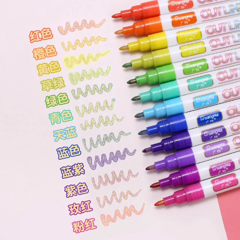 

12pcs/set Double Line Outline Pen Glitter Color Fluorescent Marker Metal Color Pen Handbook Student School Office Stationery