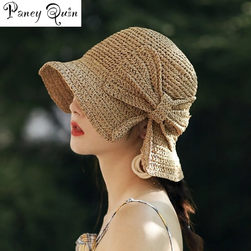 Шляпа от солнца из рафии с бантом Женская летняя пляжная Соломенная Панама