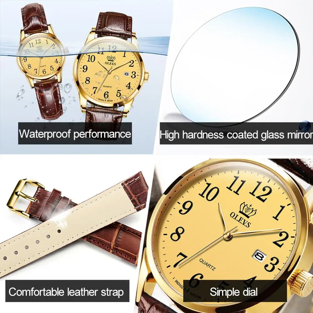 

OLEVS couple leather waterproof watch calendar date simple digital dial dial fashion casual lovers watch men and women clock