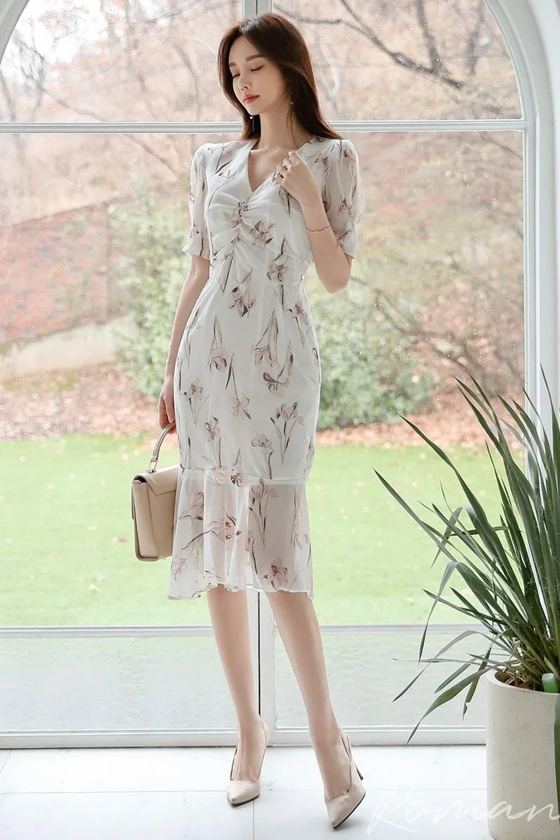 

Elegant OL Office Lady Dress 2020 Sprin High Waist Slim Short Sleeve White Mesh Vestido Stitching Decoration Party Dress Women