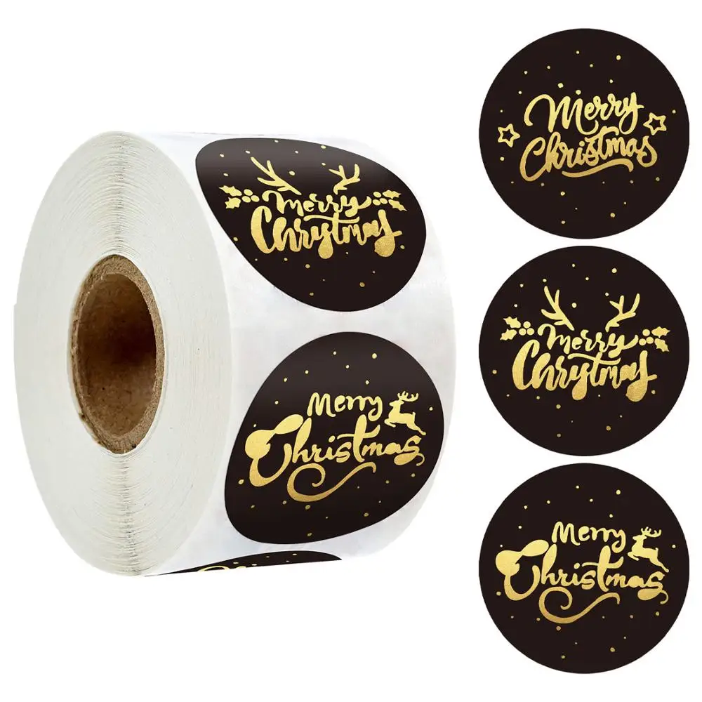 

500pcs Merry Christmas Stickers Gold Foil Labels Gift Tags for Xmas Decoration Black Paper Sticker 1inch Gift Packing Decoration