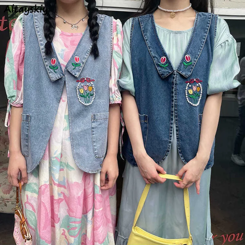 

Vests Women Sleeveless Jackets for Lady All-match Students Denim Casual Spring 2021 Outerwear Embroidery Vintage Pockets Daily