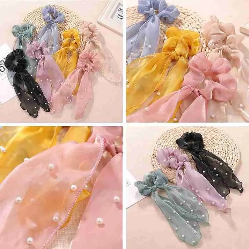 

1pc Candy Color Women Hair Scrunchie Bows Pearl Ponytail Scrunchy Ties Holder Knot Accessories Hair Girls Bow Hair Hairband R4G9