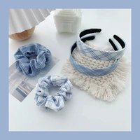 fashion new style blue and white plaid large intestine ring sweet and versatile elastic headband ponytail hair ring women