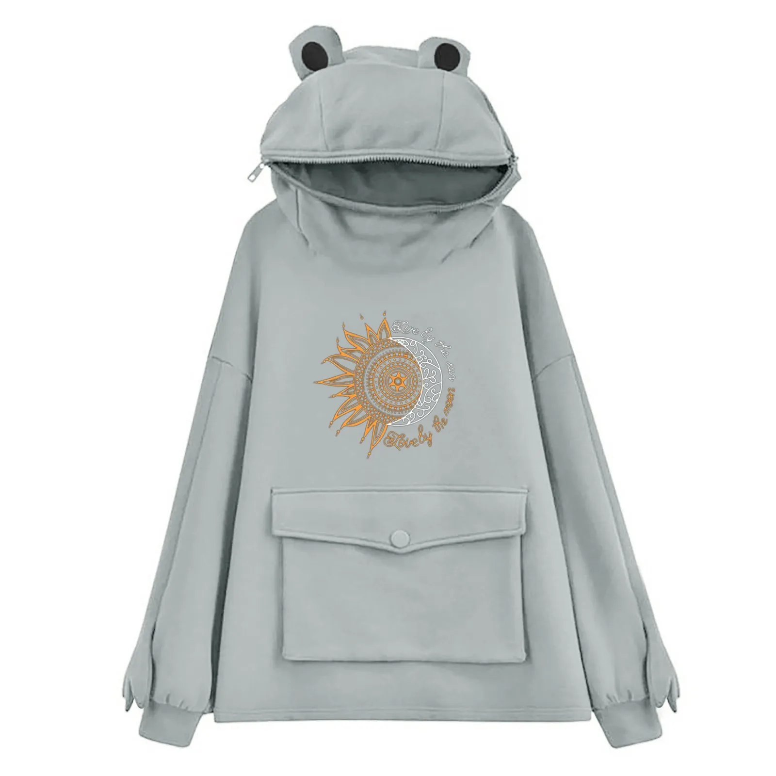 Sweetshirts Long Sleeve Hoodie Kawaii Cartoon Harajuku Frog-design Prints Hoodies Pockets Sweatshirt Pullover Tops Худи Оверсайз