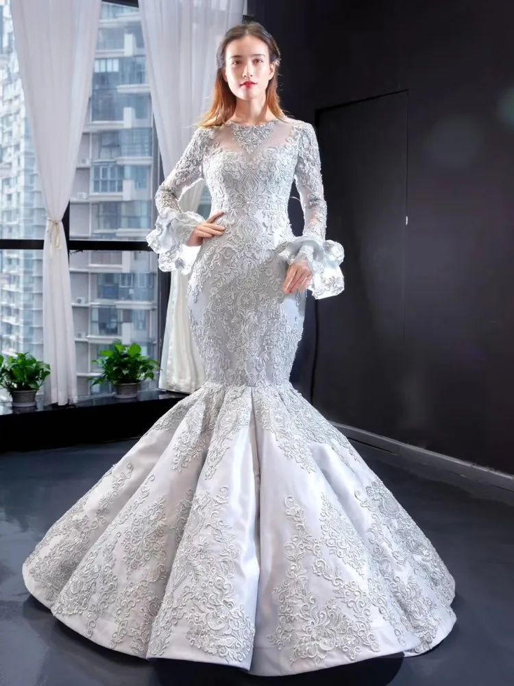 DD JYOY Long Sleeve Mermaid Evening Dress 2020 Lace Long Formal Women Evening Gown O Neck Grey Gold Colors Lace Up Back