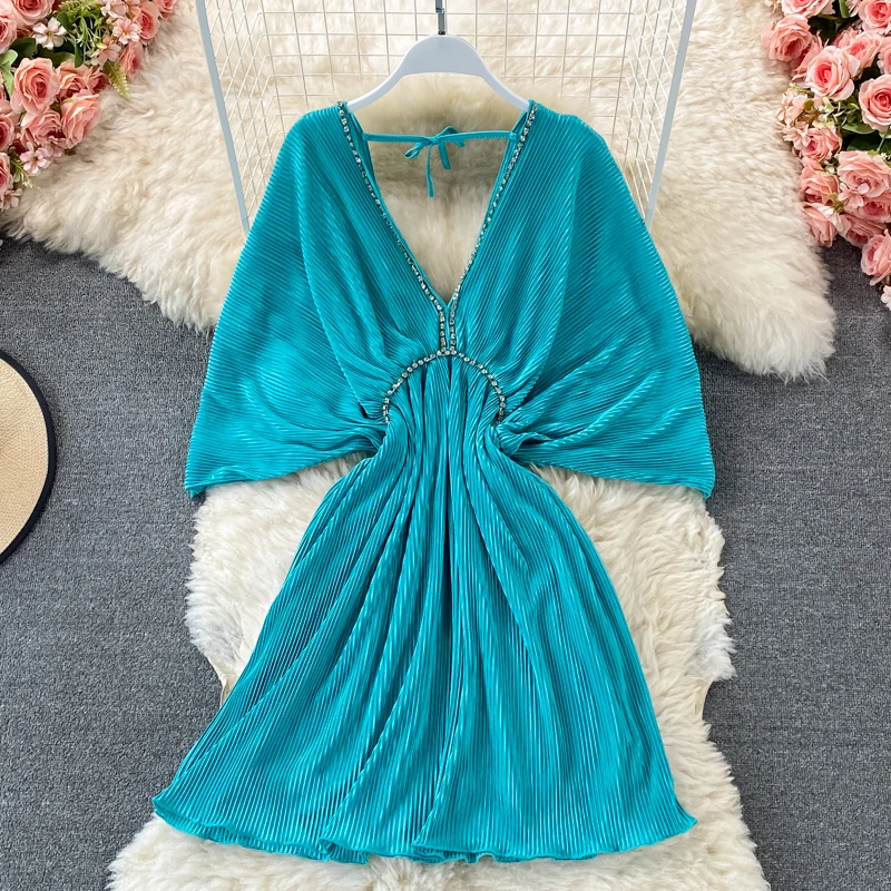 

Korean Design Dress Women Chic Diamond V Neck Batwing Sleeve A-line Dresses Summer Fashion Streetwear Short Sundress