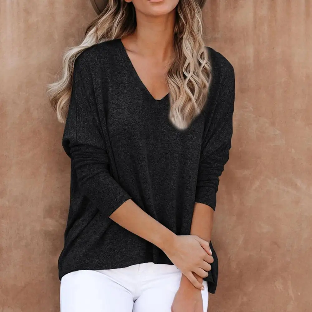 

Simple Fashion Breathable Pullover Women Blouse Loose Deep V Neck T-Shirt Casual Solid Color Long Sleeve T-Shirt for Daily Wear