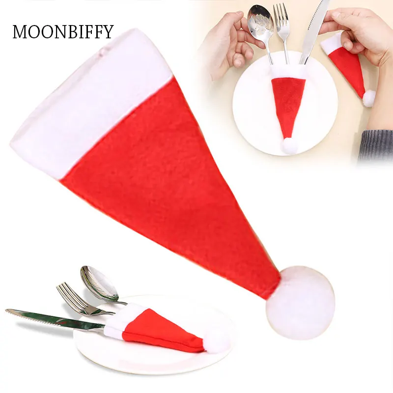 

10PCS/Lot Mini Christmas hat 2022 Tableware Holder bag Christmas Decorations home decoration accessories Kitchen Wine Tableware