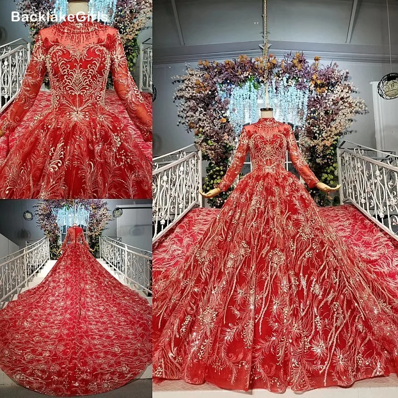 2020 Белое кружево из аппликаций красное свадебное платье Милая шея полный рукав