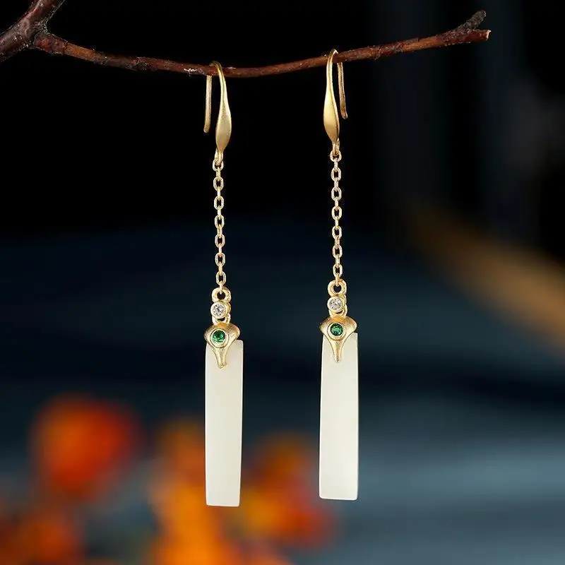 

S925 Sterling Silver Gilding Inlaid Natural Hetian Jade White Jade Jasper Earrings Lucky Pendant Ornament