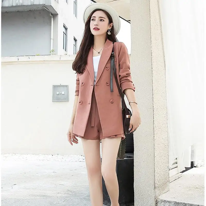 

Casual 2 Pieces Sets Solid Women Turn-down Collar Blazer Jacket & Loose Shorts Sets Female Suits Autumn Office Wear Women Suits