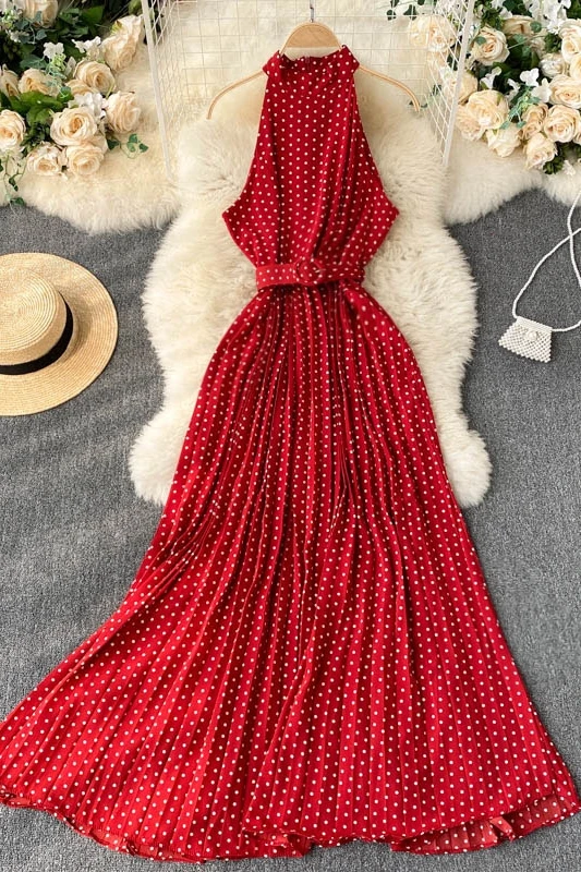 

Dot Sexy Dress Women Summer High Waist O-neck Long Dress Pleated Casual Beach Dresses Elegant Lady Slim Fit Vestidos Female