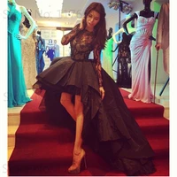 2015 fashion black bateau lace bodice long sleeve short front long back high low prom dresses