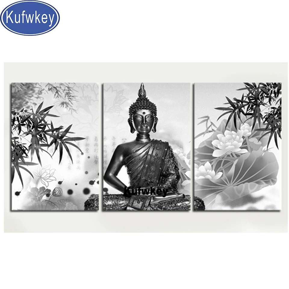 Триптих Черно-белая картина с Буддой в технике алмазной вышивки 3 части мозаика полный квадрат/круглая вышивка буддизм зен декор для дома.
