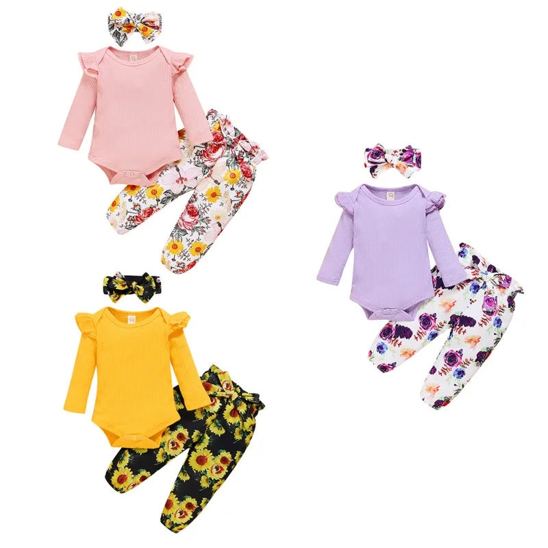 

Autumn Baby Romper Set Baby Girls Long Sleeve Solid Color Romper Floral Trousers Headband Outfits Clothes Set Children Clothing