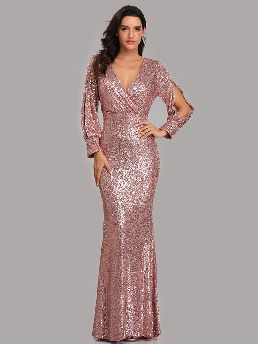 Вечернее платье, длинное, расшитое блестками, элегантное, Robe De Soiree, сексуальное, с глубоким v-образным вырезом, с разрезом, торжественное платье, полный рукав, вечернее платье LT008