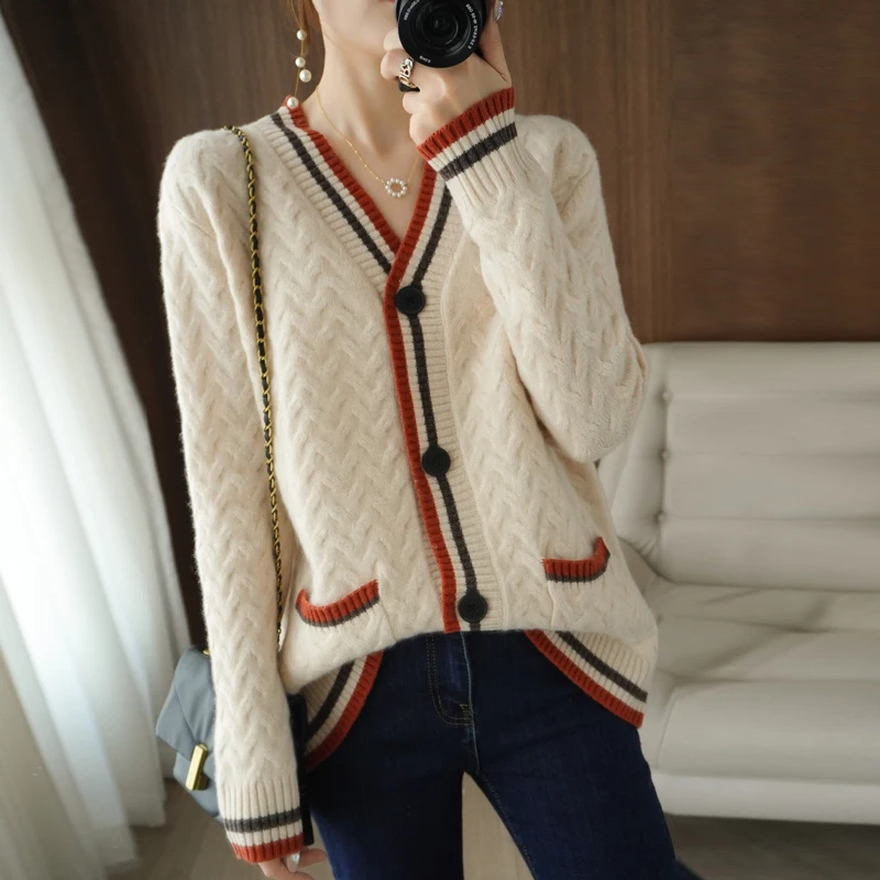 100% Merino Wool Knitted Sweaters Women Jackets Winter Vneck Long Sleeve Soft Warm Cardigans Ladies Woolen Clothes