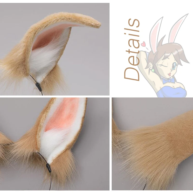 Bunny Ears Realistic Furry Headband Plush Animal Tail Cosplay Props Women Carnival Party Fancy Dress Halloween Costume Accessory images - 6