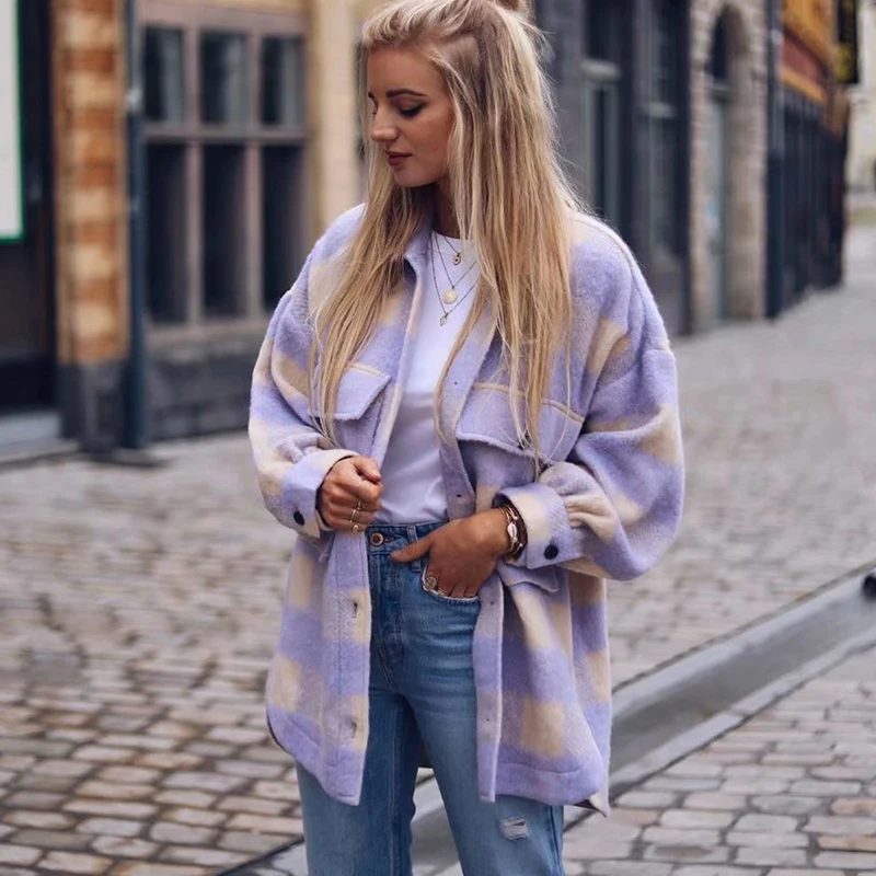 Женское шерстяное пальто Za фиолетовое Свободное в клетку с карманами