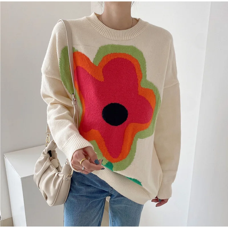 

Women Knitted Sweater Flower Oversized Pullovers Winter O-Neck Long Sweaters Streetwear Outerwear 2021 Y2K Female Pullovers