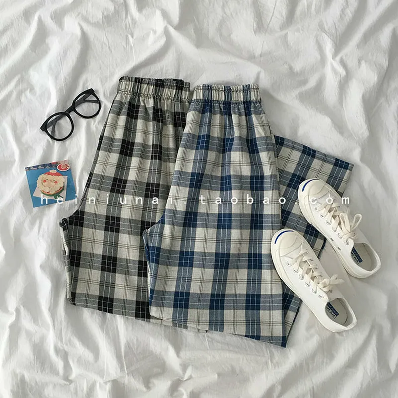 

HOUZHOU Plaid Pants Women Korean Style Summer 2021 Trousers Women High Waist Casual Checkered Trousers Students Wide Leg Pants