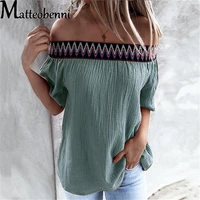 fashion splicing sexy blouse 2021 summer women clothing casual loose one line collar off shoulder short sleeved shirt top femme