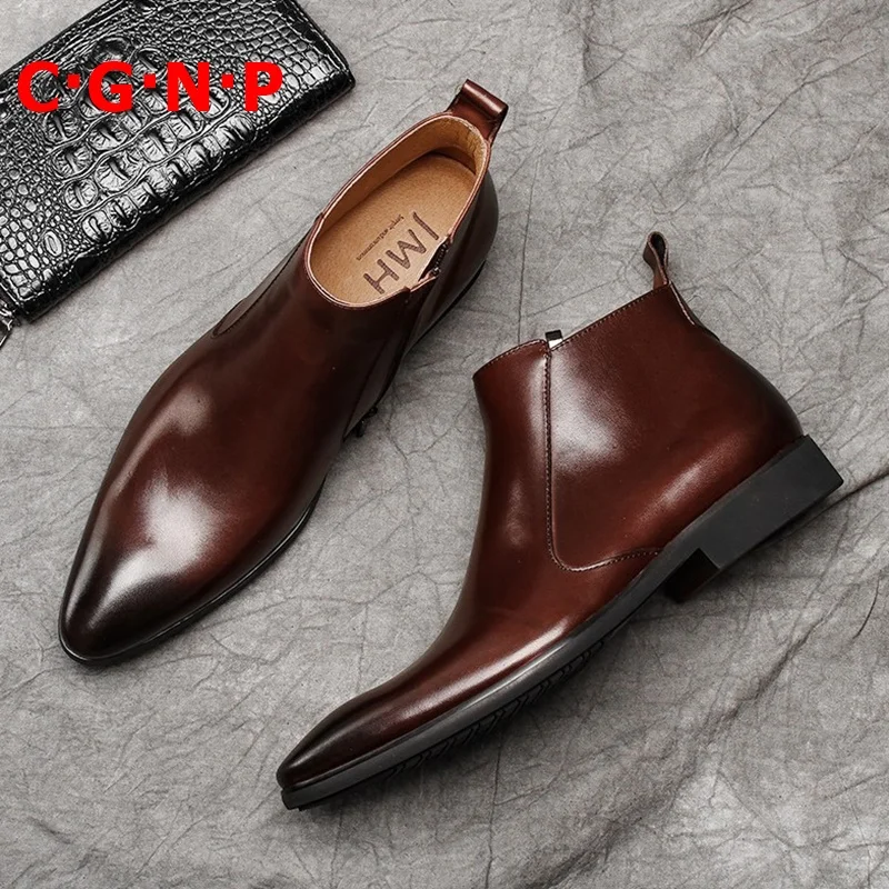 

C·G·N·P British Style Genuine Leather Pointed Toe Boots Men Handmade Autumn Winter Shoes Luxury Fashion Zipper Ankle Boots
