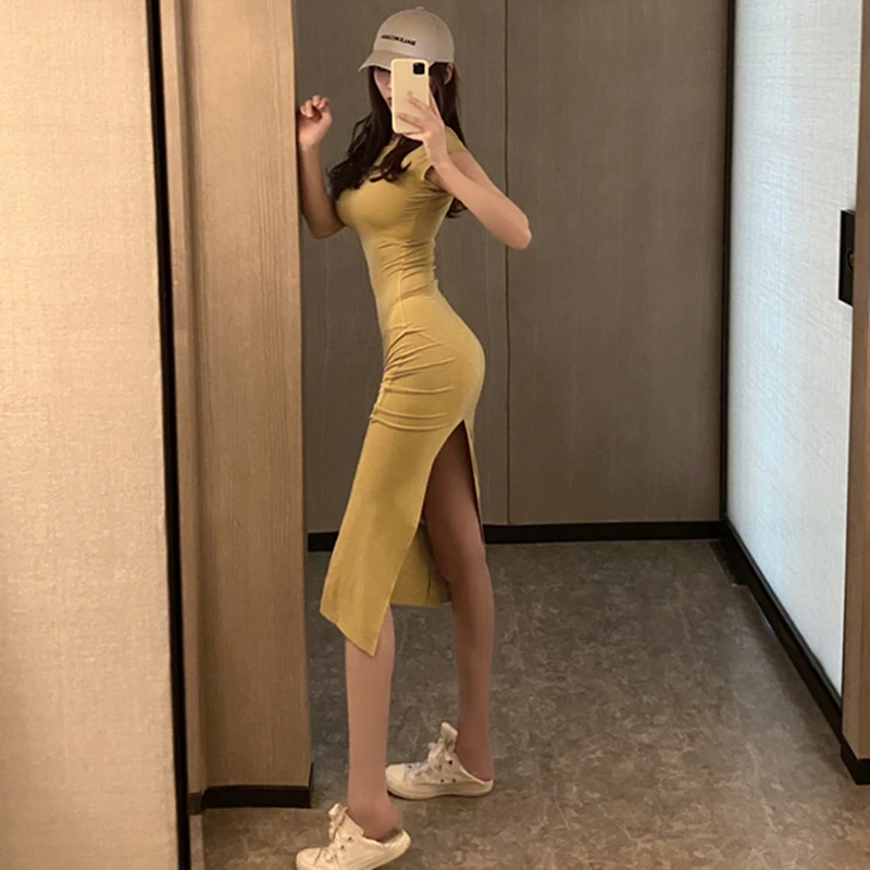 

Summer Short Sleeve o Neck Stretchy Split Dress Women Solid Casual Elegant Robe Bodycon Maxi Dresses Vestidos