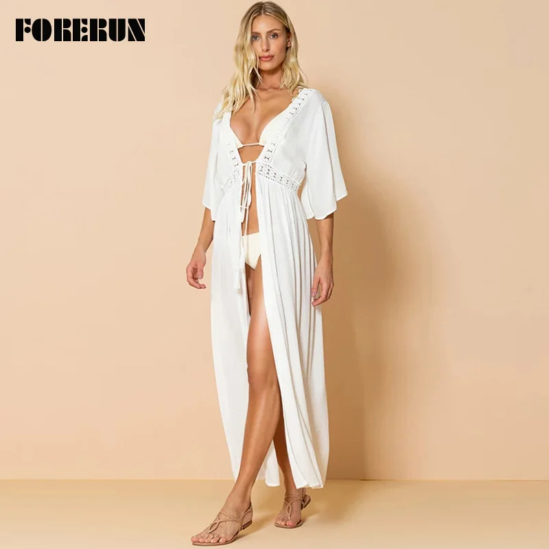 

FORERUN White Beach Dress Women Tunic Long Lace Swim Bikini Cover Up Saida De Praia Wrap Backless Dresses Pareos De Playa Mujer