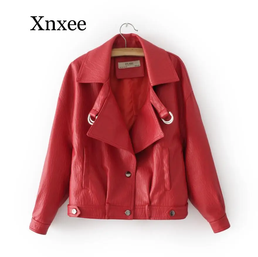 Women Faux Leather Jacket Batwing Sleeve Vintage Biker Coat Short Zipper Motor PU Red Jacket Spring Street Leather Coat vintage