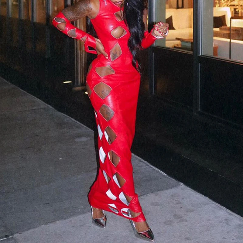 

BKLD 2021 Fashion Female Faux Pu Leather Long Dresses Smooth Irregular Cutout Sleeveless Off-shoulder Slim Club Banquet Clothing