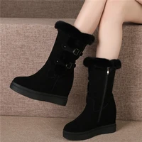 fashion sneakers women genuine leather wedges high heel pumps shoes female high top round toe winter warm rabbit fur snow boots