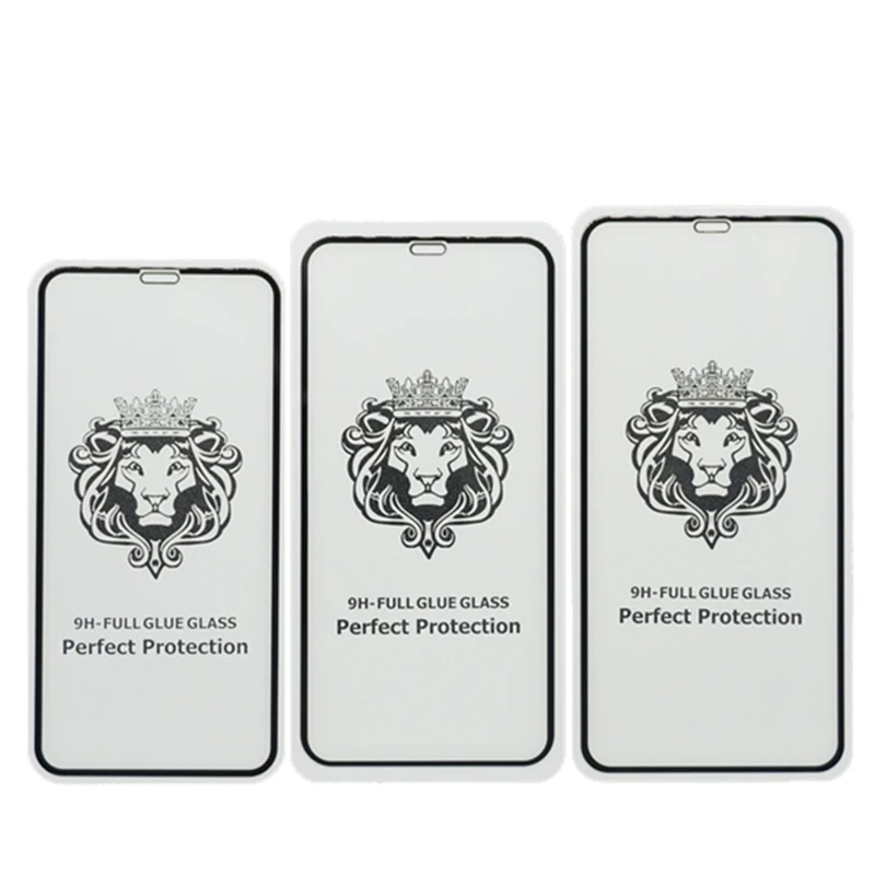 Free Post 50pcs Lion Head Full Cover Tempered Glass Protector for iPhone 13 12 5.4 6.1 6.7 SE 2020 11 X Xs XR Pro Max 7 8 Plus