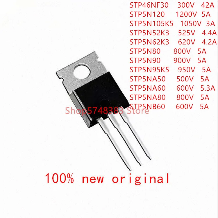 10 шт./лот STP46NF30 STP5N120 STP5N105K5 STP5N52K3 STP5N62K3 STP5N80 STP5N90 STP5N95K5 STP5NA50 STP5NA60 STP5NA80 STP5NB60 TO-220 |